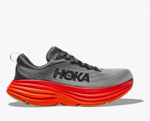 Men's HOKA Bondi 8 Running Shoes Dark Grey / Red | QGXUK7584