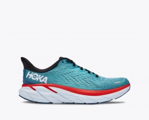 Men's HOKA Clifton 8 Running Shoes Turquoise / Red | JVXLN5961