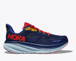 Men's HOKA Clifton 9 Running Shoes Navy / Dark Coral | QMWJA4378