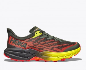 Men's HOKA Speedgoat 5 Trail Running Shoes Black / Red / Yellow | UXZGC6801