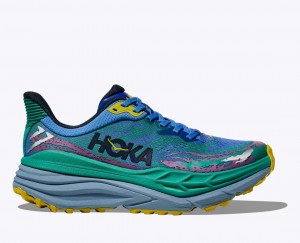 Men's HOKA Stinson 7 Trail Running Shoes Green / Blue | EFYMT4025