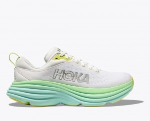 Women's HOKA Bondi 8 Running Shoes White / Light Green | CJSYV1750