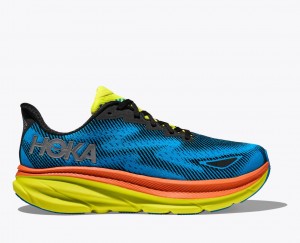 Women's HOKA Clifton 9 GTX Running Shoes Blue / Black / Green | FXZGU4897