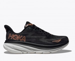 Women's HOKA Clifton 9 Running Shoes Black / Rose Gold | BQYXZ6158