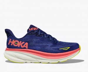 Women's HOKA Clifton 9 Running Shoes Navy / Coral | JGCAL1046