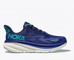 Women's HOKA Clifton 9 Running Shoes Navy / Turquoise | JGMIU8359