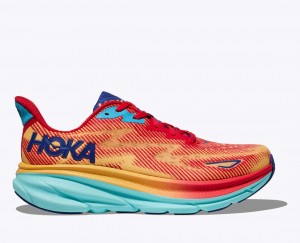 Women's HOKA Clifton 9 Running Shoes Orange / Red / Blue | SJNAO5768