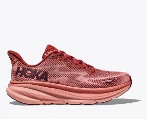 Women's HOKA Clifton 9 Running Shoes Red Brown / Beige | XGINQ0679