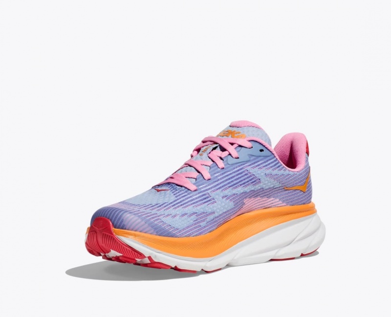 Kids' HOKA Clifton 9 Running Shoes Light Purple / Orange / Pink | RQYOG9173