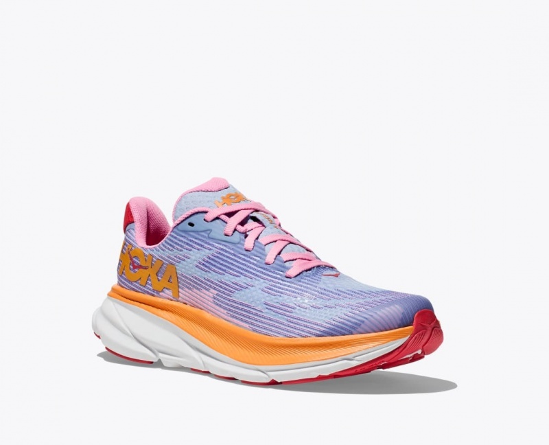 Kids' HOKA Clifton 9 Running Shoes Light Purple / Orange / Pink | RQYOG9173