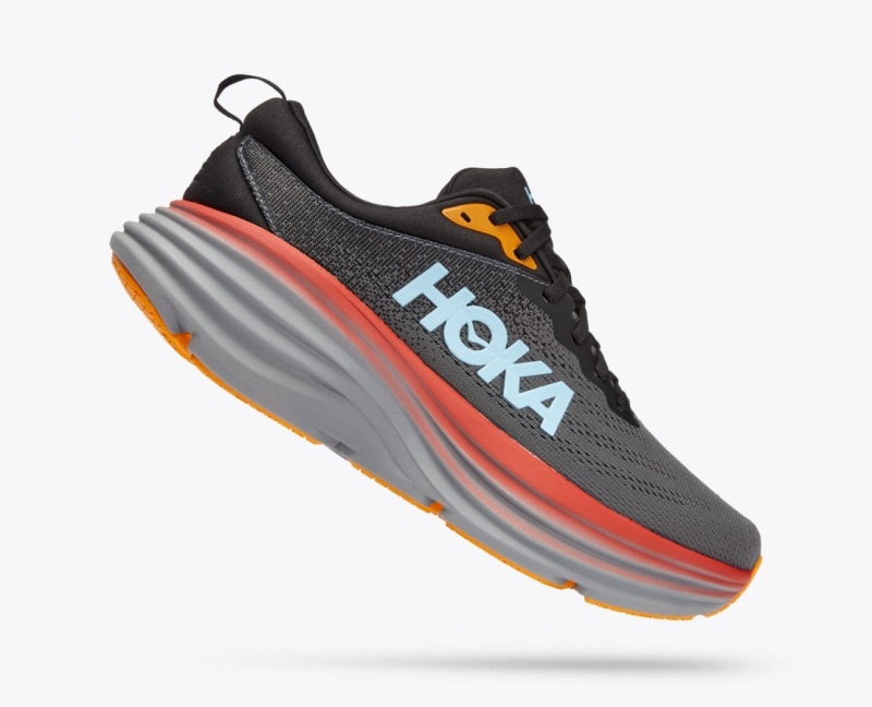 Men's HOKA Bondi 8 Running Shoes Dark Grey / Red / Black | SWTFM0763