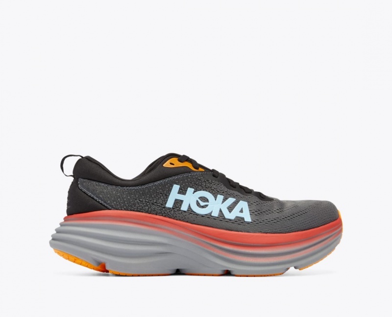 Men\'s HOKA Bondi 8 Running Shoes Dark Grey / Red / Black | SWTFM0763