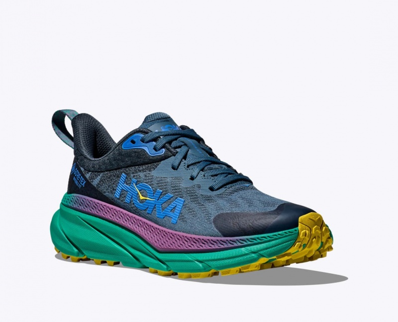 Men's HOKA Challenger 7 GTX Trail Running Shoes Blue / Black / Green | MUBYL7496