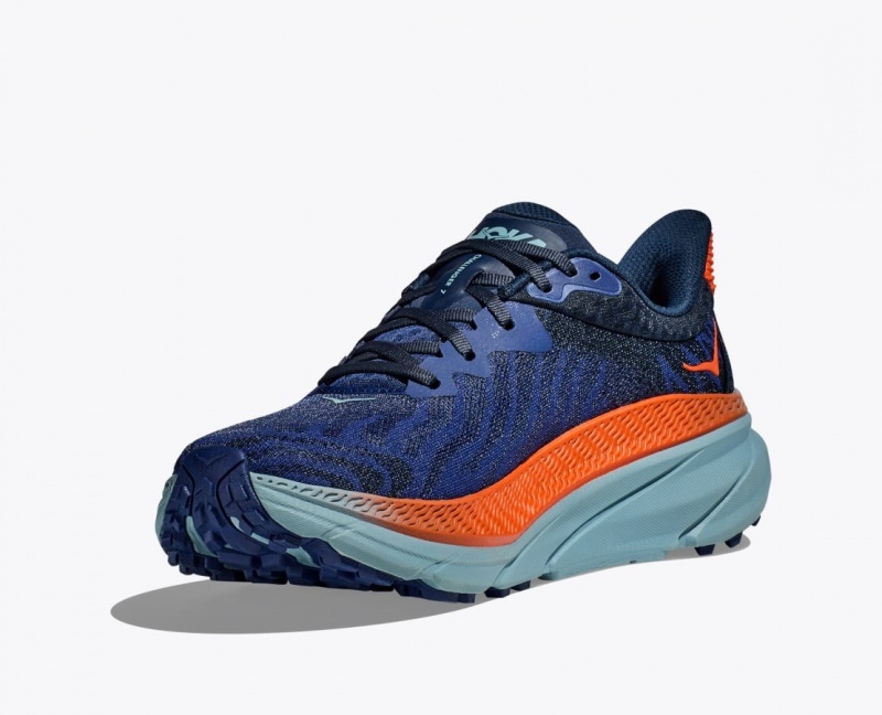 Men's HOKA Challenger 7 Trail Running Shoes Dark Blue / Orange | RILJD9543