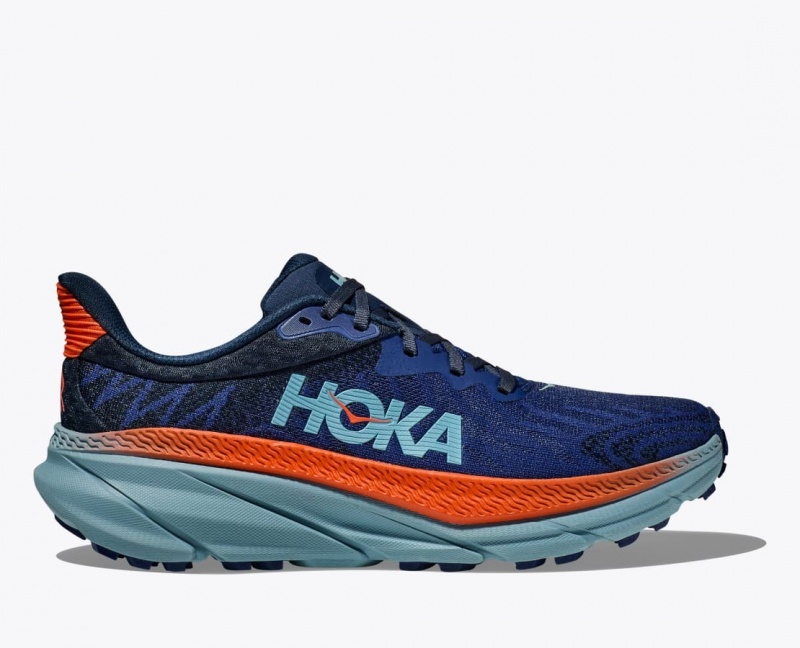 Men\'s HOKA Challenger 7 Trail Running Shoes Dark Blue / Orange | RILJD9543