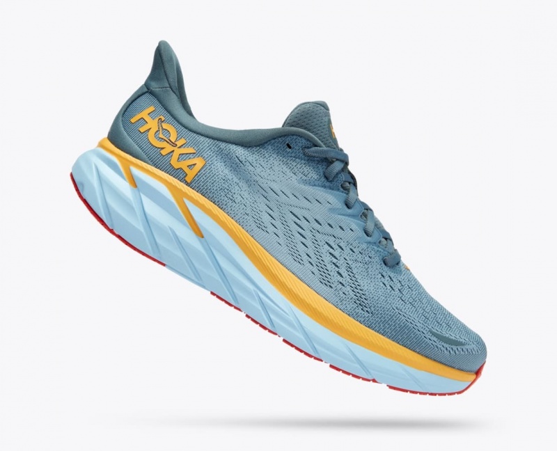 Men's HOKA Clifton 8 Running Shoes Blue Green / Orange | FEMDU1025