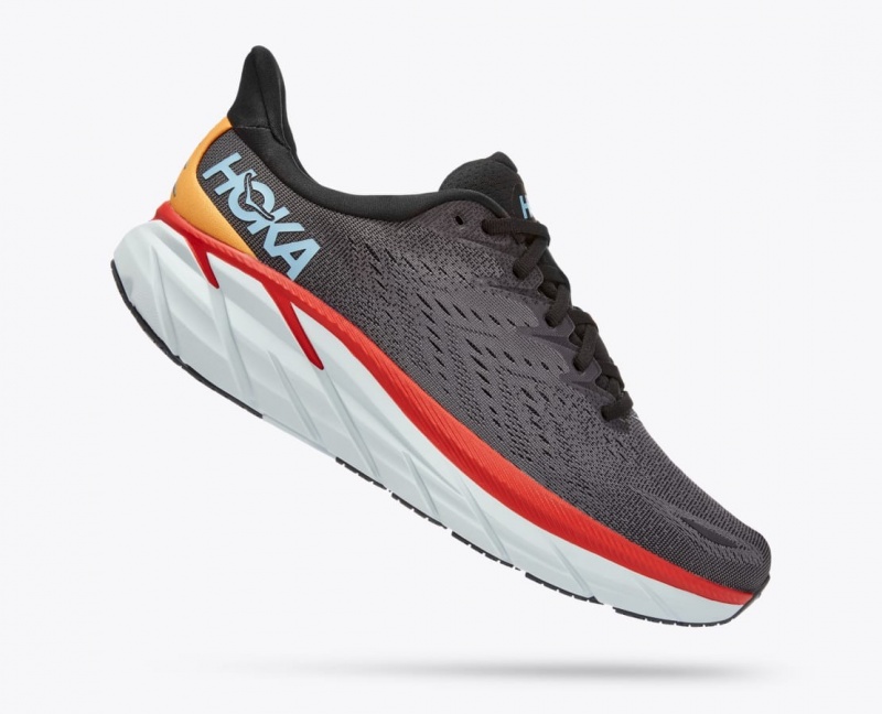 Men's HOKA Clifton 8 Running Shoes Dark Grey / Red | OWUSV4216