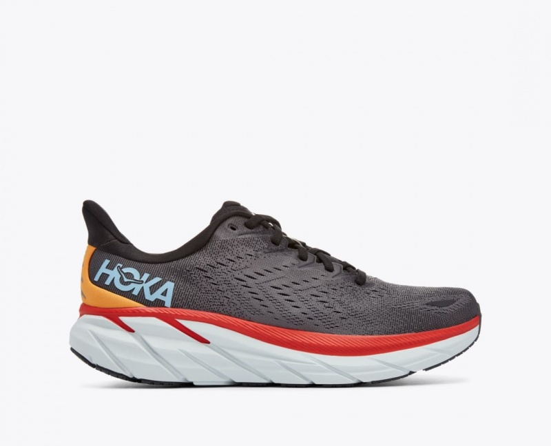 Men\'s HOKA Clifton 8 Running Shoes Dark Grey / Red | OWUSV4216