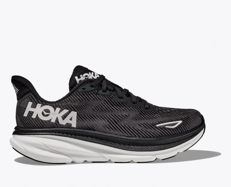 Men\'s HOKA Clifton 9 Running Shoes Black / White | IYZSN1836