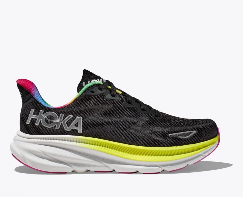 Men\'s HOKA Clifton 9 Running Shoes Black / Light Green | AUGEB4956