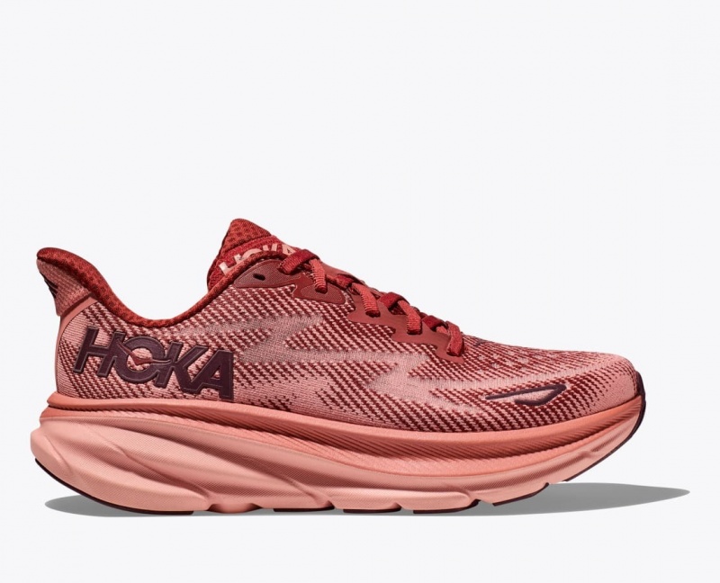 Men\'s HOKA Clifton 9 Running Shoes Dark Red / Coral | QRETO3258