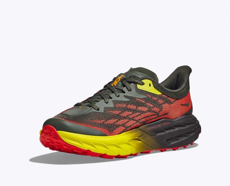 Men's HOKA Speedgoat 5 Trail Running Shoes Black / Red / Yellow | UXZGC6801