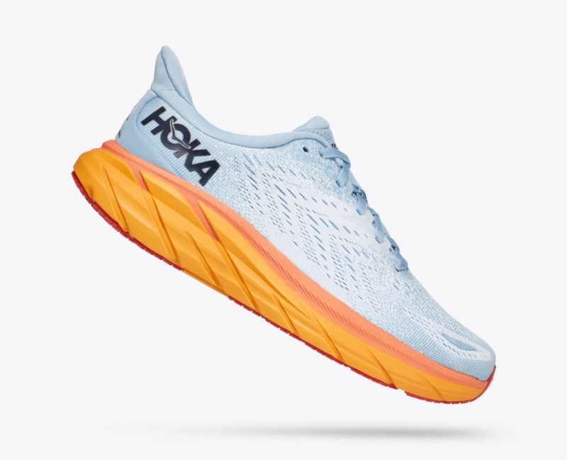 Women's HOKA Clifton 8 Running Shoes Light Blue / White / Orange | JDFWO7630