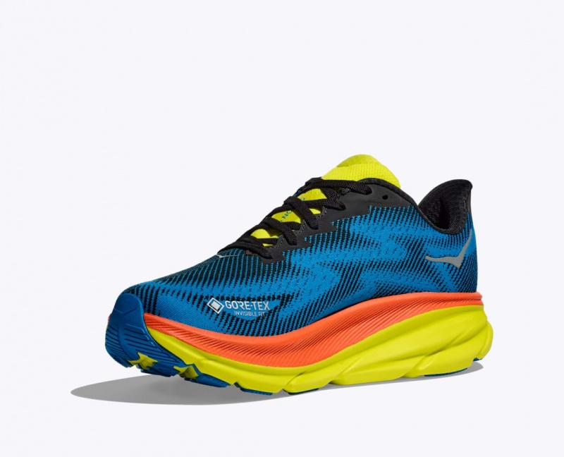 Women's HOKA Clifton 9 GTX Running Shoes Blue / Black / Green | FXZGU4897