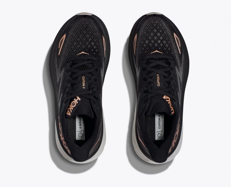 Women's HOKA Clifton 9 Running Shoes Black / Rose Gold | BQYXZ6158