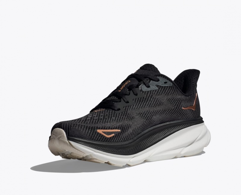 Women's HOKA Clifton 9 Running Shoes Black / Rose Gold | BQYXZ6158