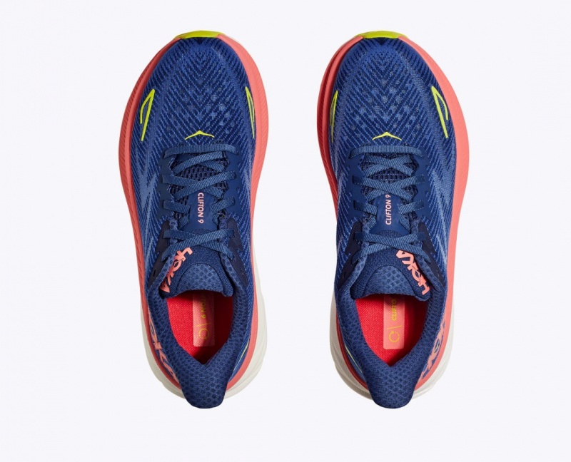 Women's HOKA Clifton 9 Running Shoes Navy / Coral | JGCAL1046