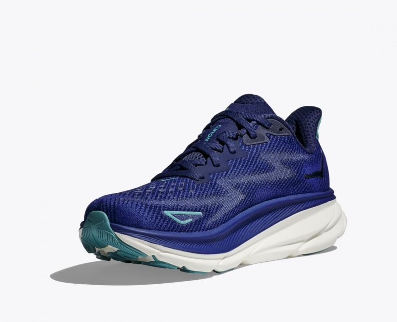 Women's HOKA Clifton 9 Running Shoes Navy / Turquoise | JGMIU8359