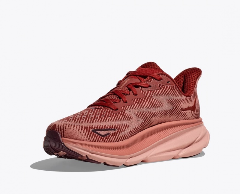 Women's HOKA Clifton 9 Running Shoes Red Brown / Beige | XGINQ0679