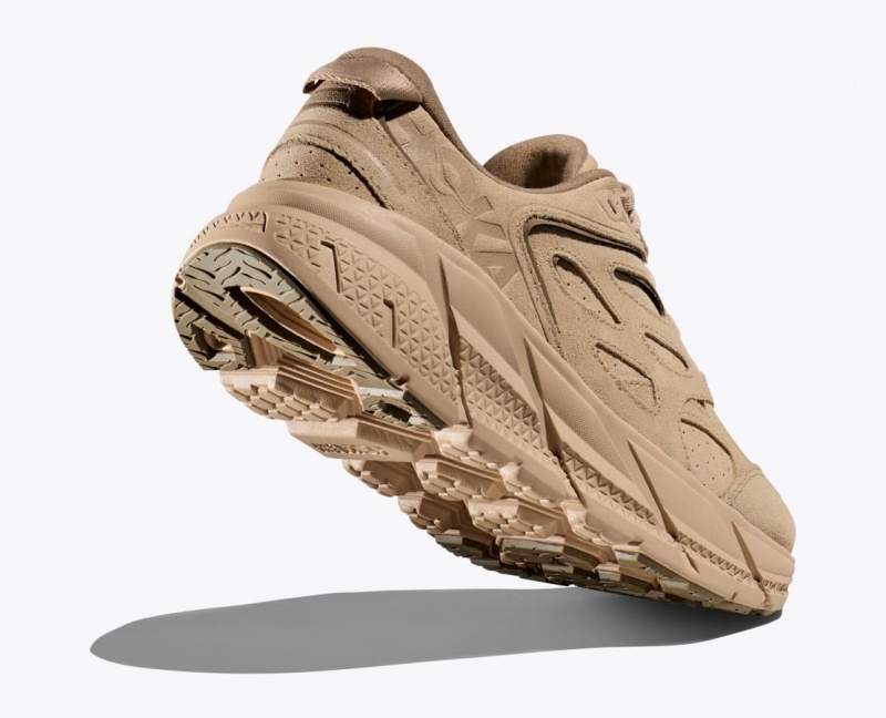 Women's HOKA Clifton L Suede Walking Shoes Beige | QCOXS0423