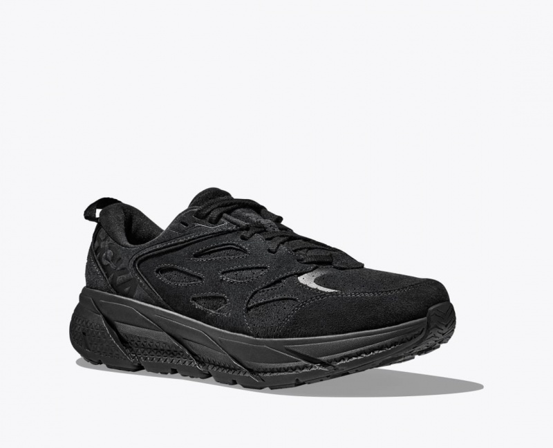 Women's HOKA Clifton L Suede Walking Shoes Black | FKJCU8513