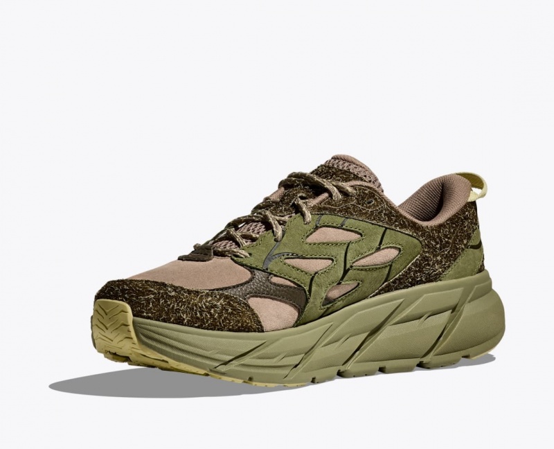 Women's HOKA Elite Terrain System Clifton L Suede Sneakers Green / Dark Brown | DAOQV2938