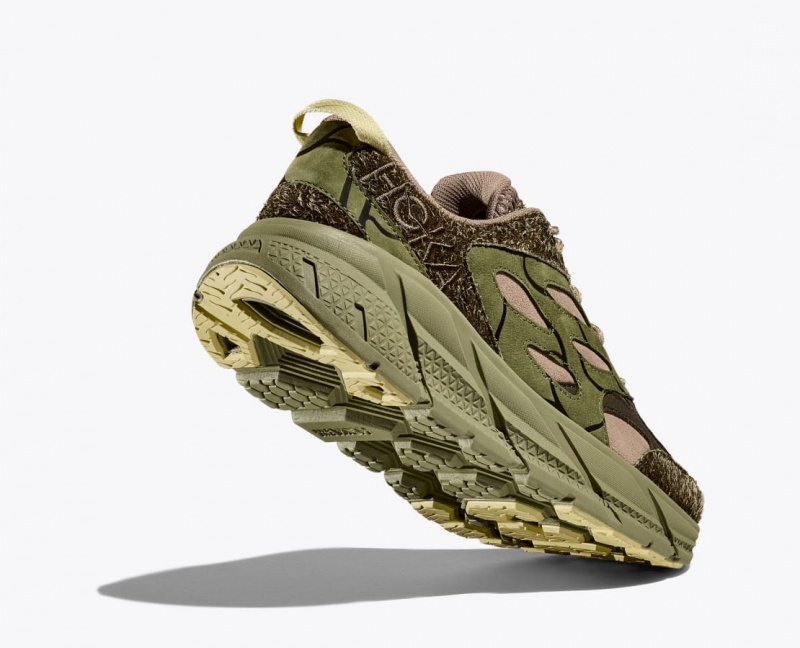 Women's HOKA Elite Terrain System Clifton L Suede Sneakers Green / Dark Brown | DAOQV2938